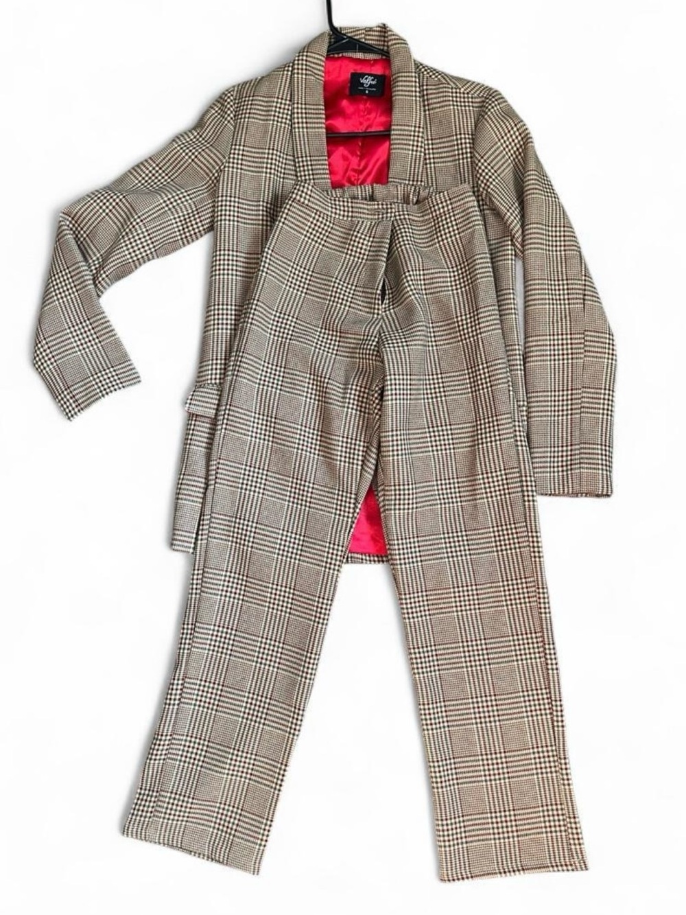 Plaid Blazer & Pants Suit Jacket Set in Tan Cream with Red Lining